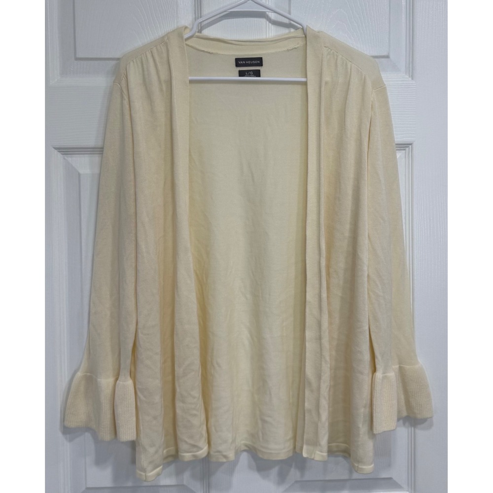 Van Heusen Womens L Cream Open Front Bell Sleeve Knit Cardigan Sweater